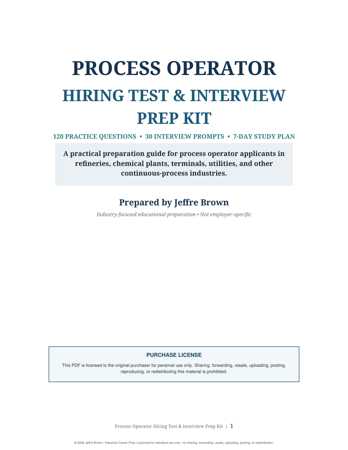 Process Operator Hiring Test & Interview Prep Kit by Jeffre Brown, 120 questions and interview preparation