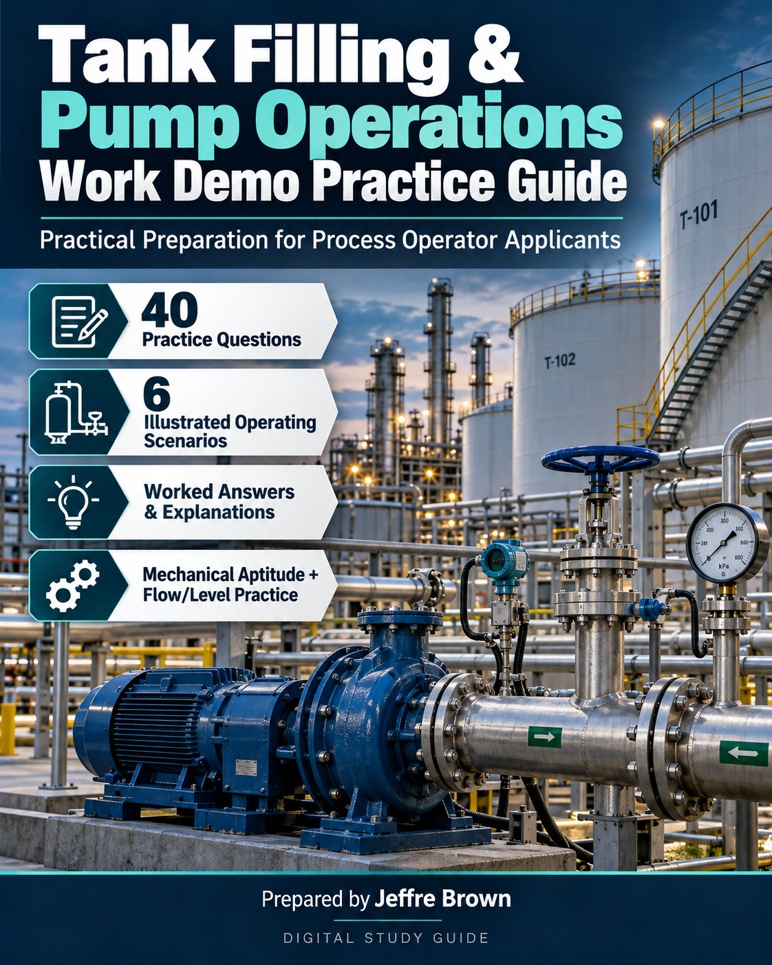 Tank Filling & Pump Operations Work Demo Practice Guide by Jeffre Brown, 40 practice questions and six illustrated scenarios